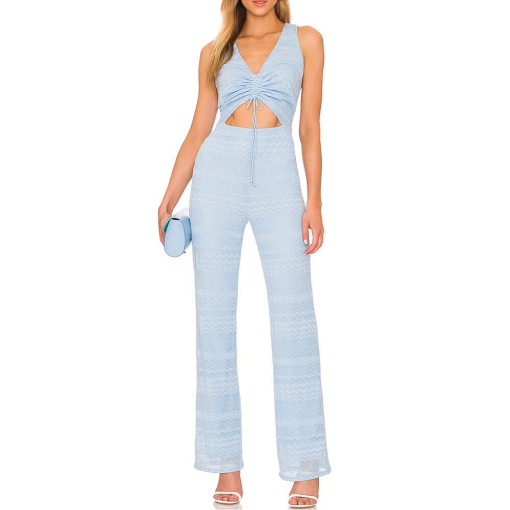 Lovers + Friends Women’s Sz S Sharon Jumpsuit Romper Light Blue Cut Out Mesh